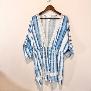 Boho Coastal Swim Cover Cottagecore Peasant Tunic Dotti Blue Stripe Cotton Top L
